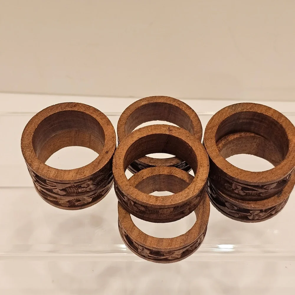 Vintage Hand Carved Wood Napkin Rings Set of 7 Floral Brown Rustic Boho Decor